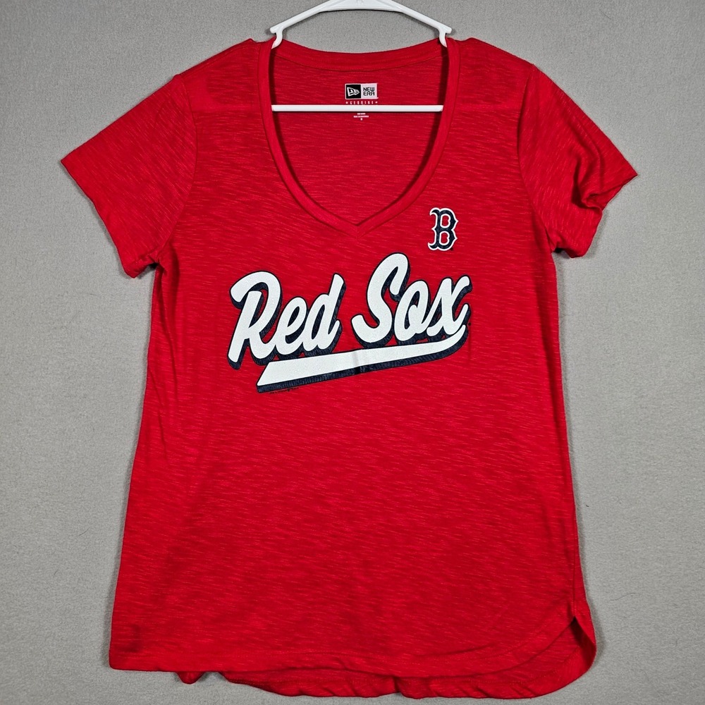 Boston Red Sox New Era Womens V-Neck T-Shirt Red Glitter Graphic Size M